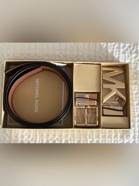 Michael Kors Reversible Black and Brown Leather Belt with Gold Buckle Set